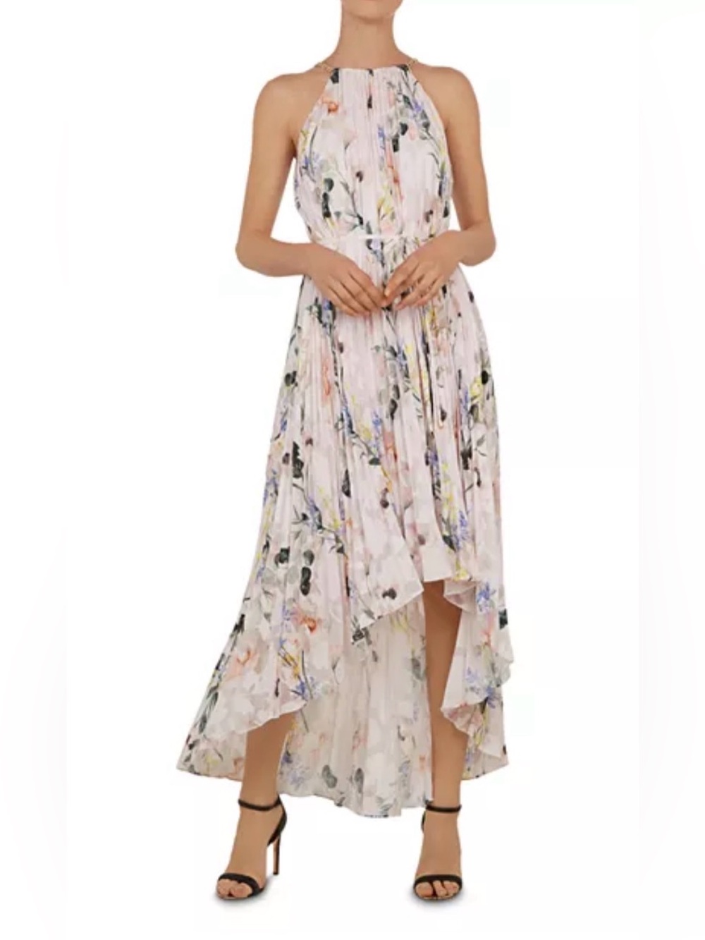 Ted Baker Valetta Floral Jacquard Gold Chain Halter Dress Pink Size 5 US 12